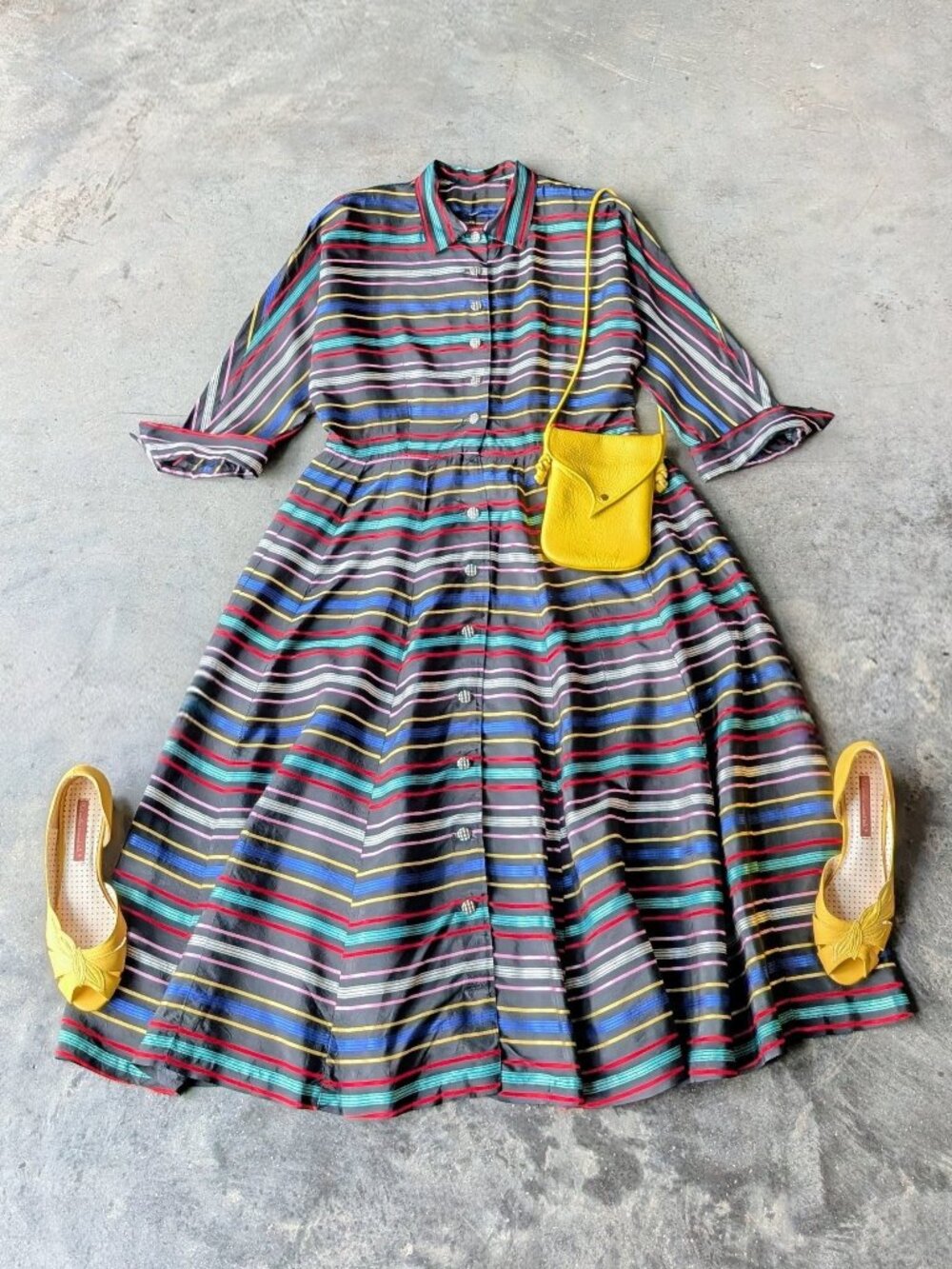 Vintage 1950s Black Colorful Striped Ribbon Fit and Flare Midi Shirt Dress